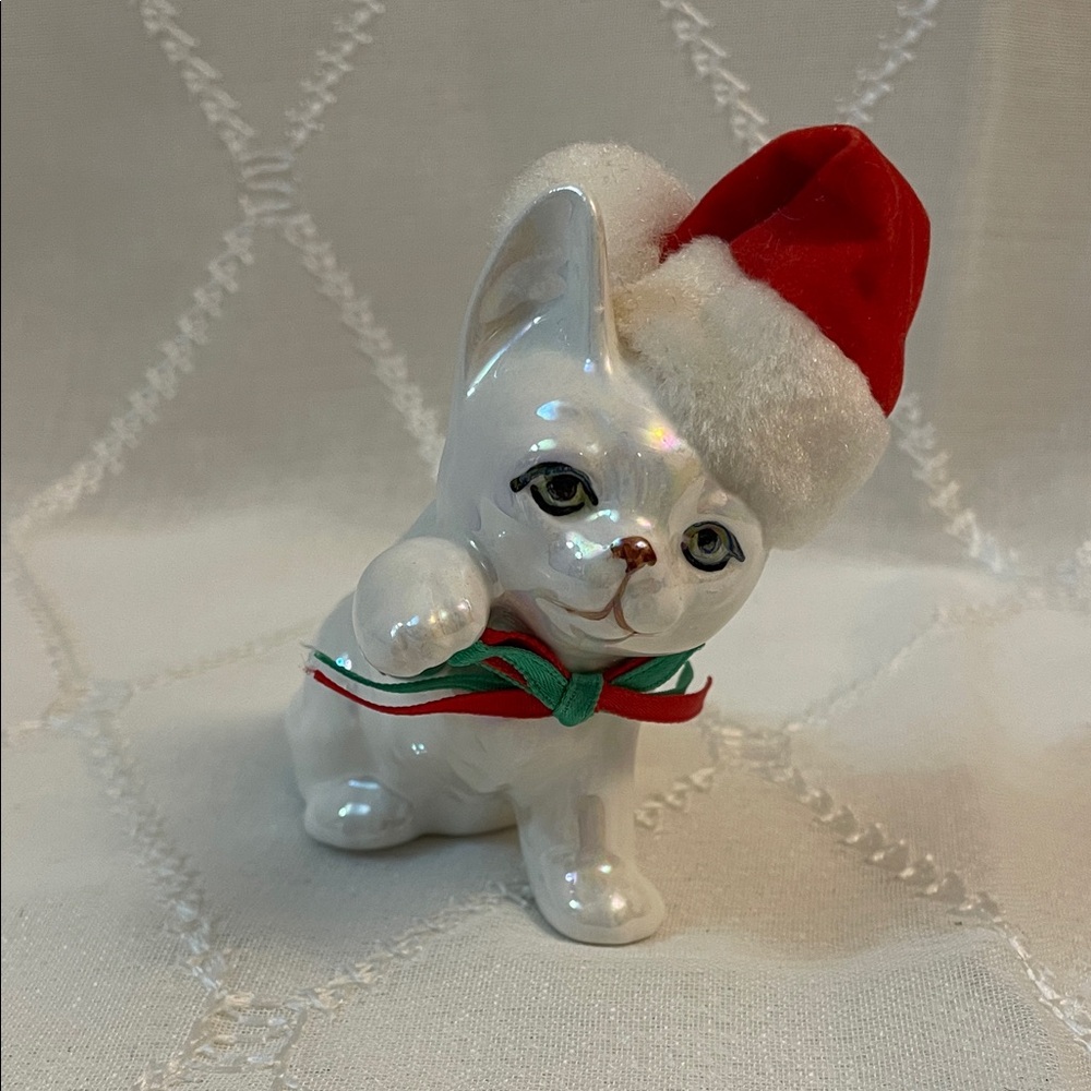 Enesco Christmas Iridescent White Cat with Red Hat and Green Bow Figurine